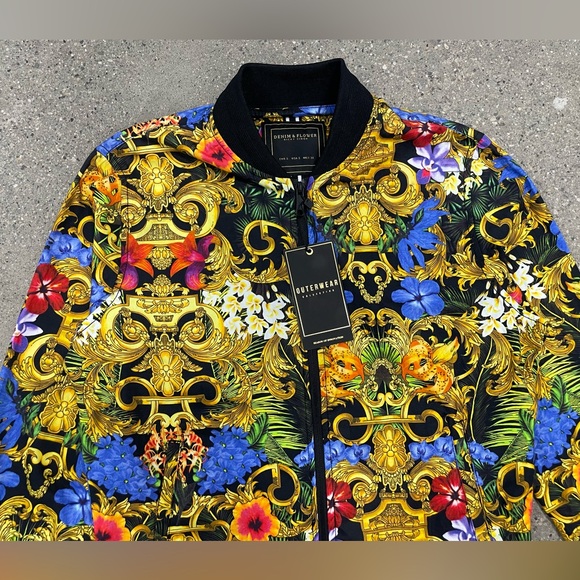 NWT Denim & Flower Ricky Singh Full Zip Floral Bomber Jacket Gold/Black Versace - Picture 3 of 14